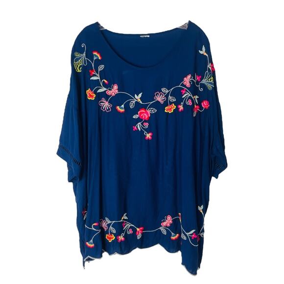 Tops - Blue pink floral embroidered boho boxy cottagecore top XXL
